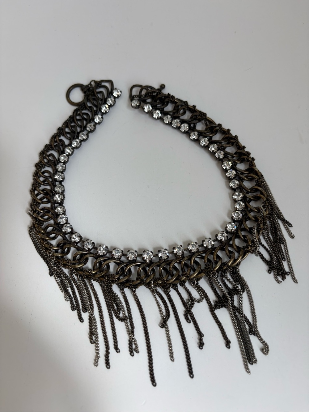 Statement Fringe Choker Necklace with Clear Crystals